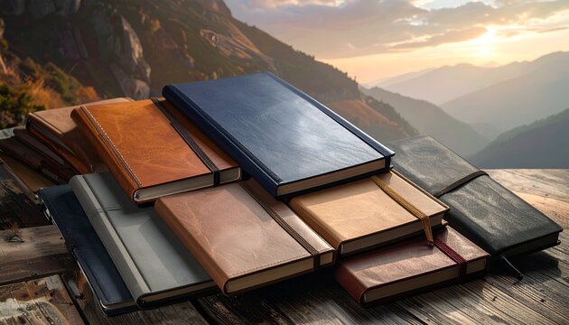 Pile of Leather Bound Journals on Wooden Table with Mountain View.