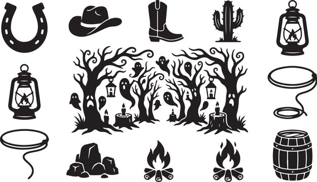 Western Cowboy Icons and Symbols Illustration Set