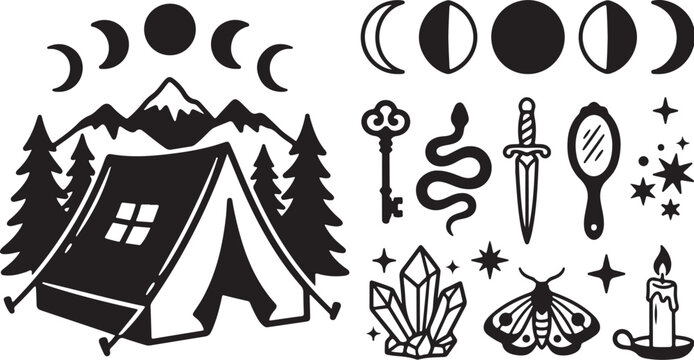 Camping Adventure Moon Phases Magic Mystical Forest Icons