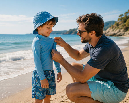 Father Adjusting UV Protective Swim Shirt on Beach