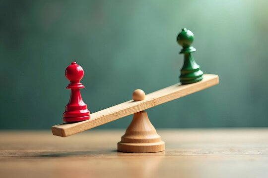Visual representation of red and green pawns on a wooden seesaw illustrating the concept of leverage and imbalance in business and society.