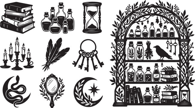 Mystical witchcraft symbols and magical objects collection