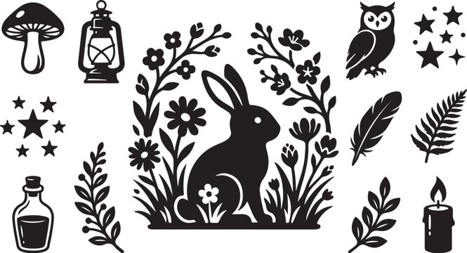 Whimsical black silhouette rabbit in floral fantasy setting