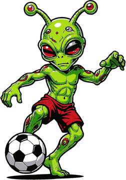 alien playing soccer isolated on transparent. design for tattoo art, sticker, decal, t shirt, printing and apparel
