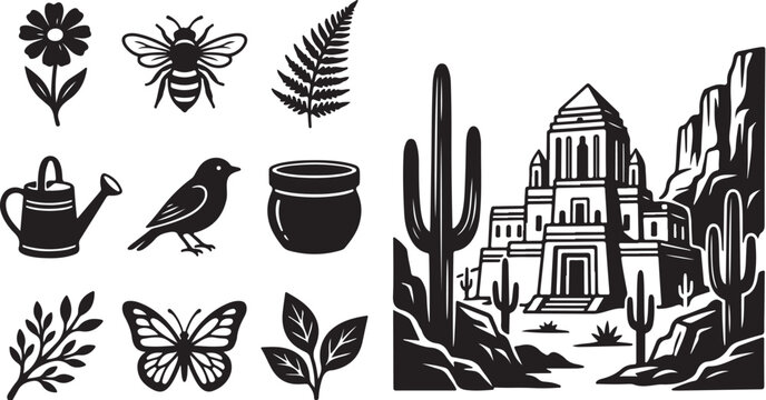 Desert Landscape with Cactus and Floral Icons Black