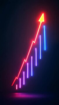 Glowing neon business graph arrow down animation. Rising neon colored line graph showing upward trend in stock market. business chart growth concept black background..