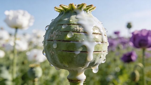 Detailed View of a Scored Poppy Seed Pod Releasing White Latex Sap in a Sunny Field