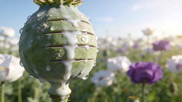 Macro Photography of White Milky Sap Dripping from a Green Poppy Pod in an Agricultural Field