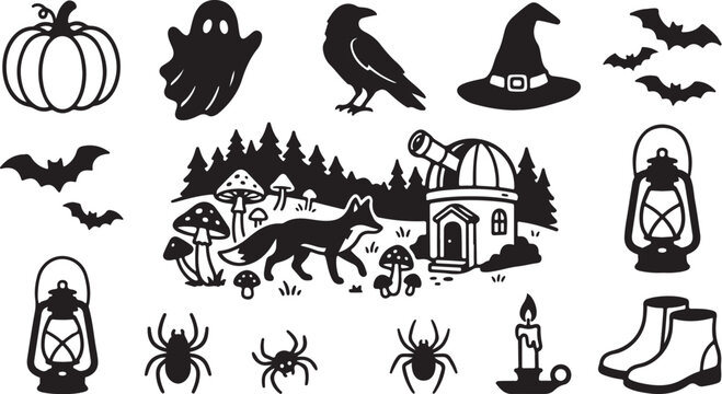 Halloween icons and symbols in black and white