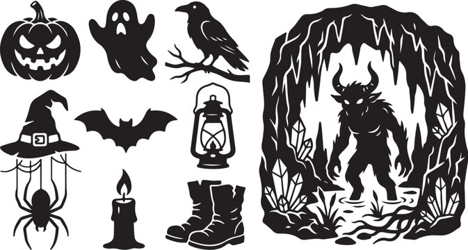 Halloween icons and silhouettes for spooky decorations
