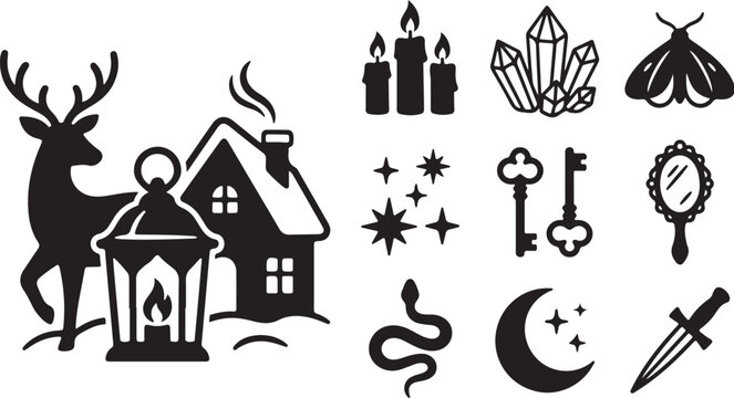 Whimsical black and white mystical forest symbols set