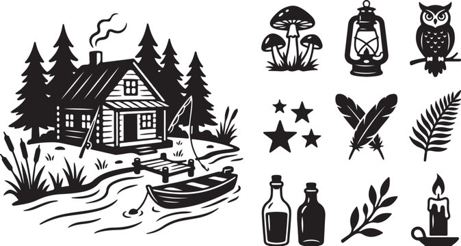 Cozy cabin in the woods with mystical symbols