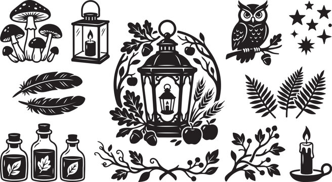 Whimsical black and white mystical forest illustration set