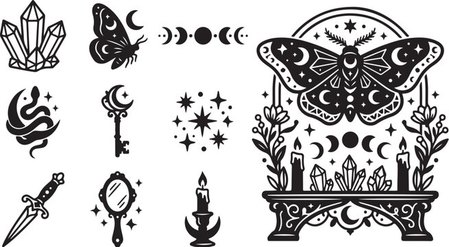 Mystical symbols and objects for magical illustrations