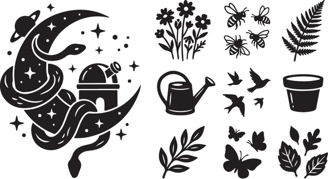 Whimsical Black and White Moon Garden Icon Set