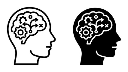 Brain Strategy Icons, Human Head Silhouette with Gears and Flowchart, Cognitive Process Vector Art, Analytical Thinking and Planning Symbols © Moumita