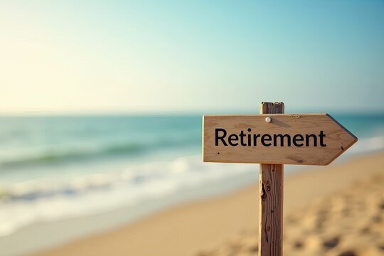 Retirement Sign Pointing the Way to a Bright New Chapter on a Blurred Beach Background