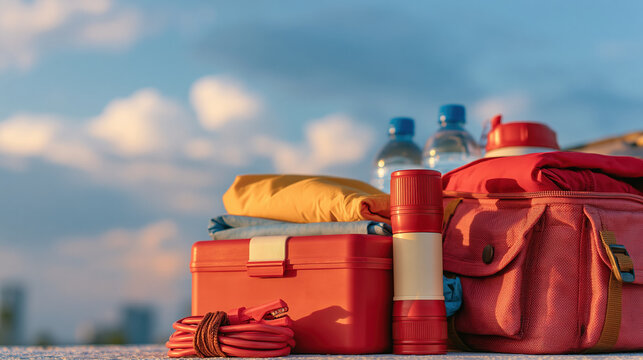 Emergency kit in open trunk with jumper cable and storm supplies ready for travel safety