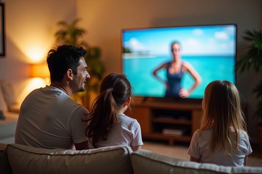 Family bonding through a virtual fitness class while streaming TV at home.