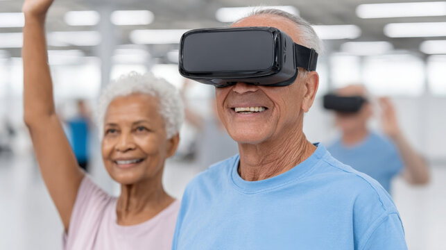 Senior couple wearing virtual reality headsets smiling and engaging in a technology class inside a bright, modern community center with other participants visible