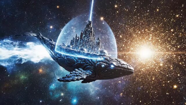 Futuristic city on a giant robotic whale flying through a vibrant galaxy