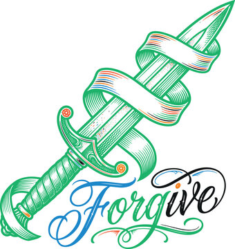 Green sword with ribbon and "Forgive" text. Justice, mercy, forgiveness, and redemption concept vector illustration design.