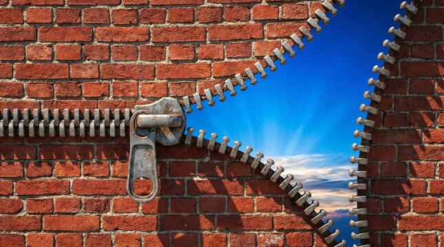 A brick wall unzips to reveal a bright sky, symbolizing breakthrough, freedom, and the unveiling of hidden potential beyond rigid boundaries.