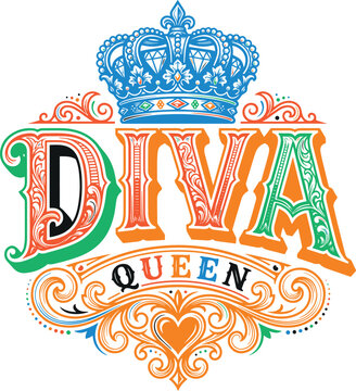 "Diva Queen" typography with blue crown. Feminine, beauty, fashion, and queen concept vector illustration design element.