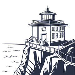 Obraz premium Lighthouse on a rocky cliff overlooking the sea with waves crashing, guard tower