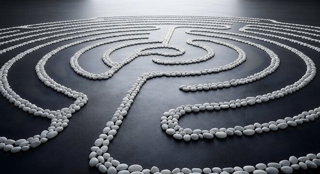Intricate labyrinth pattern formed by small, smooth white stones on a dark, textured surface, symbolizing a complex journey or problem-solving challenge.