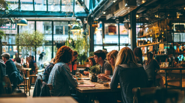 Lively interior of a modern urban restaurant cafe with diverse group of people sitting at a long wooden table talking dining and enjoying social lifestyle atmosphere under cozy warm lighting