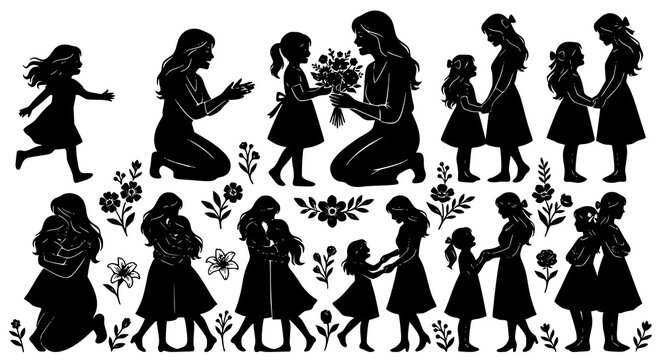 Creative mother and daughter bouquet silhouette vector set with emotional family illustrations