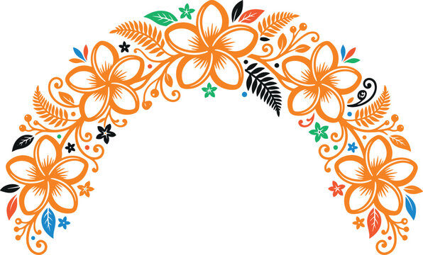 Orange floral corner border with hibiscus and fern leaves. Summer, Hawaiian, luau, and nature frame vector design element.