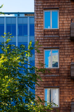 wood facade meets glass in Nordic residential urban architecture, where windows and tree foliage divide the exterior between warm and blue surfaces