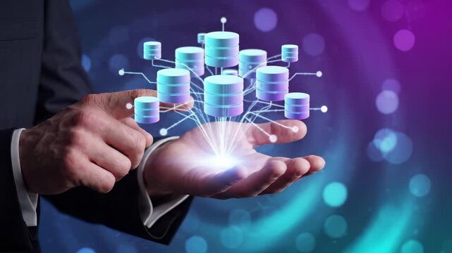 Businessman holds a database network with connected servers and data storage. Modern digital technology for cloud computing, information management, and online analytics. Smart future business system.