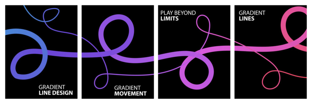 Set of dark aesthetic posters with glowing purple and blue neon gradient flowing wirelines
