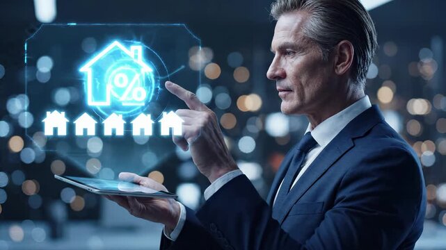 Businessman in a suit interacts with a virtual interface a house and percentage symbol while holding a tablet. Real estate mortgage, property investment, interest rate, and finance market analysis.