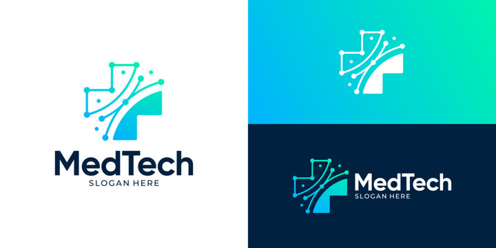 Creative simple med tech logo template. Health tech logo, cross plus with dot connection molecule symbol logo design vector illustration.