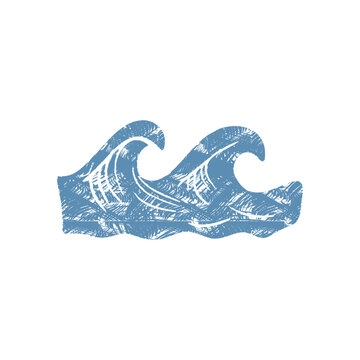 ocean wave vector icon in crosshatch engraved sketch style &mdash; isolated sea water illustration for nautical logo, stamp, rustic surf or minimal marine design