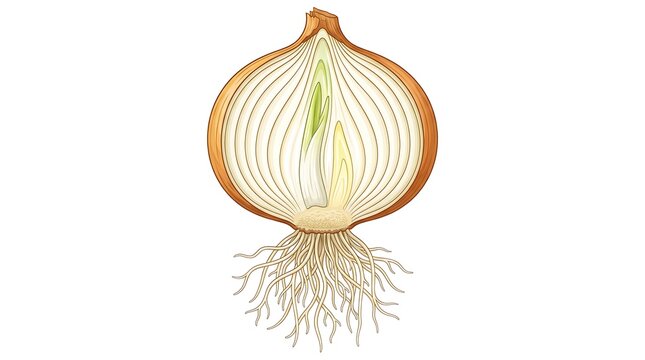 Detailed vector illustration of a whole onion with roots and cross-section
