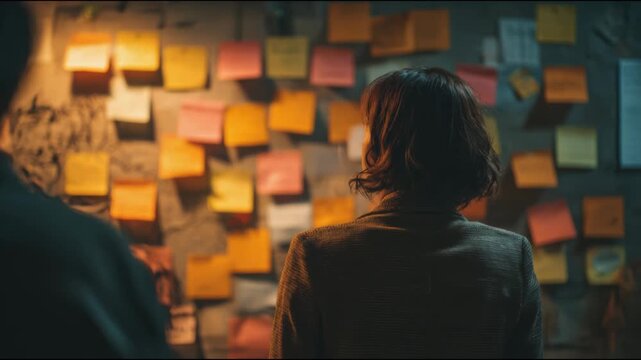 Detective woman analyzing sticky notes on a evidence board