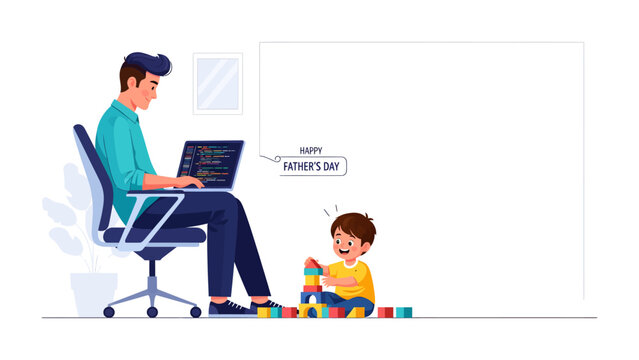 Father's Day Coding and Playtime: A father works on his laptop while his young son plays with colorful building blocks, celebrating Father's Day with a blend of productivity and family bonding.
