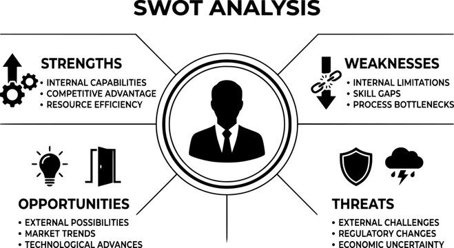 Planning SWOT Analysis Chart Evaluating Internal Strengths Weaknesses and External Opportunities Threats for Corporate Success