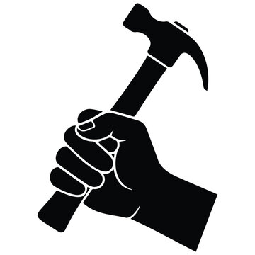 Black silhouette illustration of hand holding heavy construction hammer vector line art.