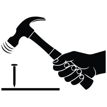 Black silhouette vector illustration of hand holding hammer hitting nail on wood backdrop.