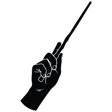 Hand holding long pointer stick silhouette vector illustration with black line art detail.