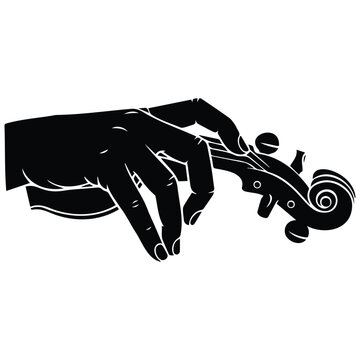 Human hand holding violin neck silhouette illustration as black vector art line drawing.