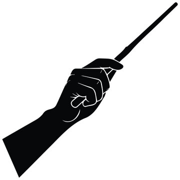 Silhouette vector illustration of hand holding thin pointing stick line art style symbol.