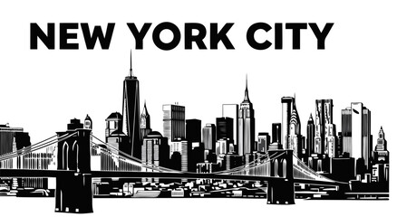 Obraz premium New York City Skyline Vector Illustration with Brooklyn Bridge Iconic Landmark and Manhattan Skyscrapers Black and White Graphic
