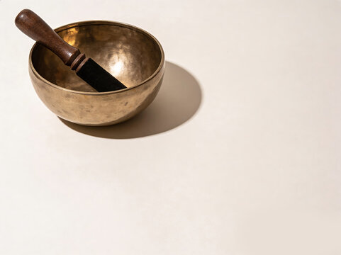 Widescreen brass singing bowl mockup with sharp shadow and copy space on clean background for sound healing meditation and sound therapy	